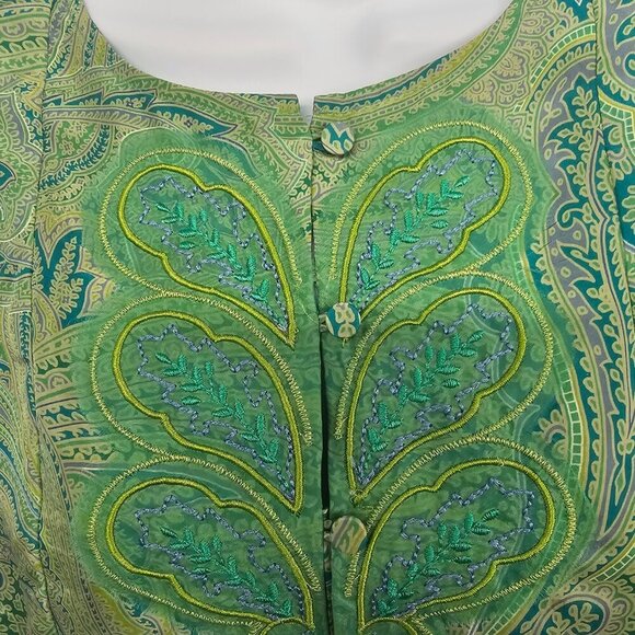 Coldwater Creek Green Blue Paisley Silk Blouse Peasant Retro Embroidered PL - Picture 3 of 13
